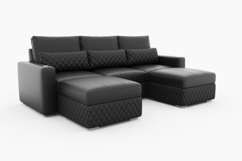Valencia Pisa Top Grain Nappa 11000 Leather Lounge Sectional Sofa, Three Seats with 2 Ottomans, Black
