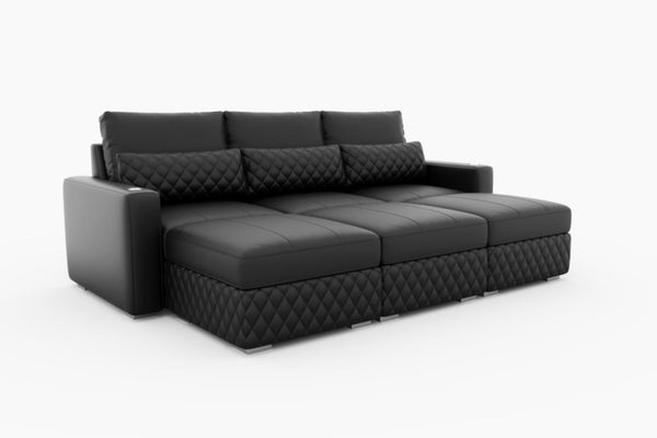Valencia Pisa Top Grain Nappa 11000 Leather Lounge Sectional Sofa, Three Seats with 3 Ottomans, Black
