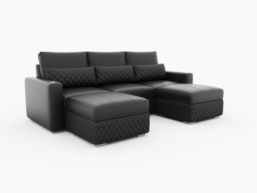 Valencia Pisa Ultimate Nappa 20000 Leather Lounge Sectional Sofa, Three Seats with 2 Ottomans, Black