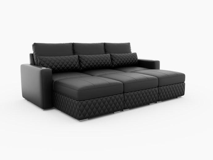 Valencia Pisa Ultimate Nappa 20000 Leather Lounge Sectional Sofa, Three Seats with 3 Ottomans, Black