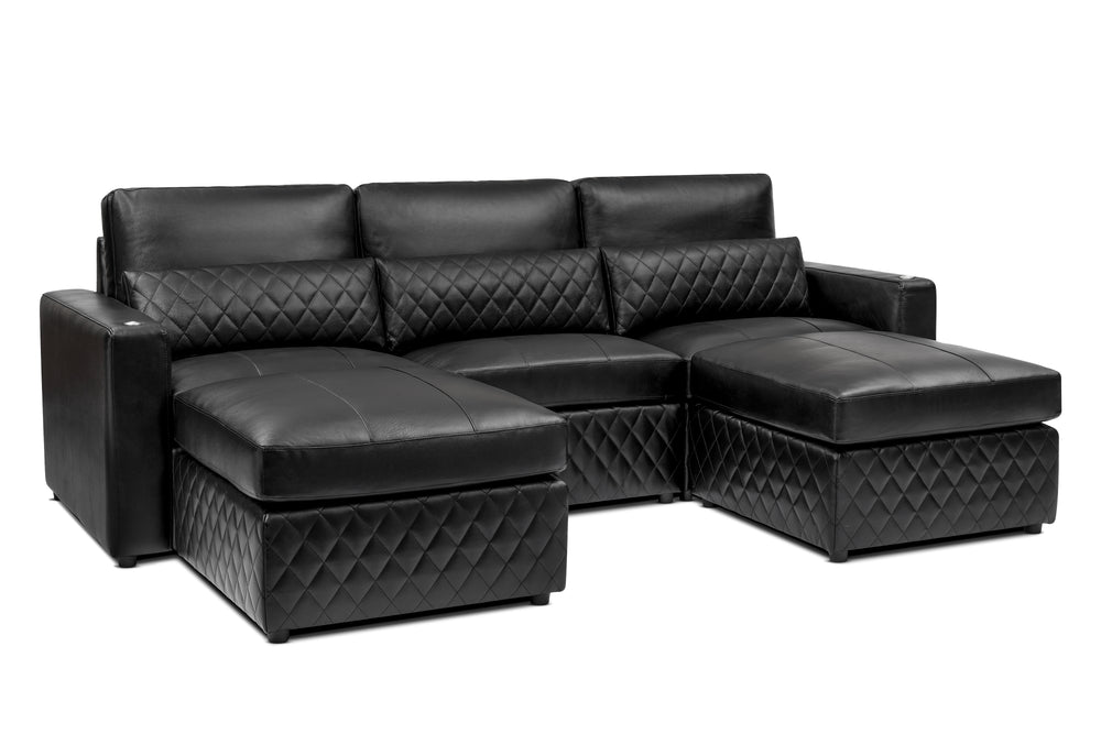 Valencia Pisa Top Grain Nappa 11000 Leather Lounge Sectional Sofa, Three Seats with 2 Ottomans, Black