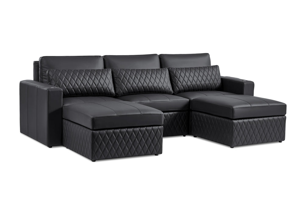 Valencia Pisa Ultimate Nappa 20000 Leather Lounge Sectional Sofa, Three Seats with 2 Ottomans, Black