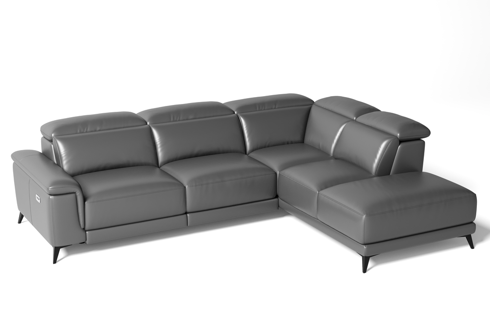 Valencia Pista Modern Top Grain Leather Reclining Sectional Sofa with Right-hand Facing Chaise, Grey