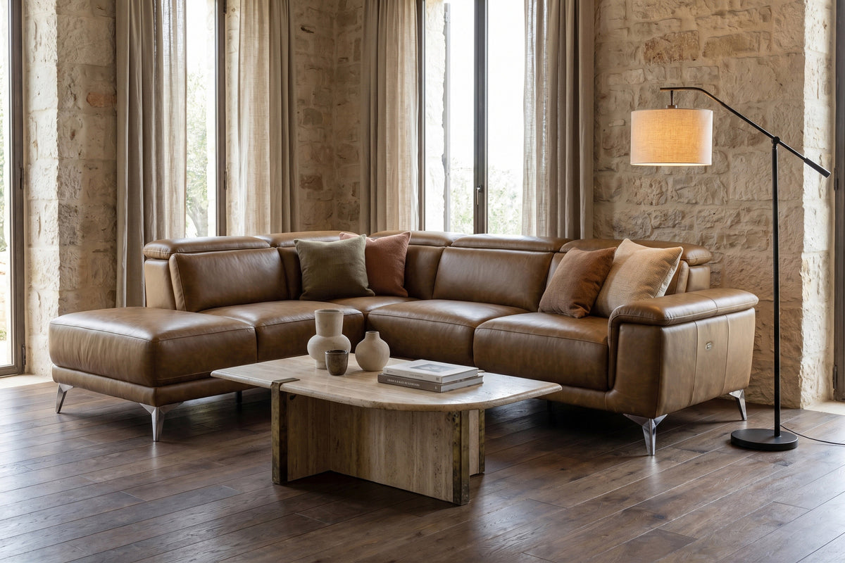 Valencia Pista Distressed Leather Reclining Chaise Sectional Sofa