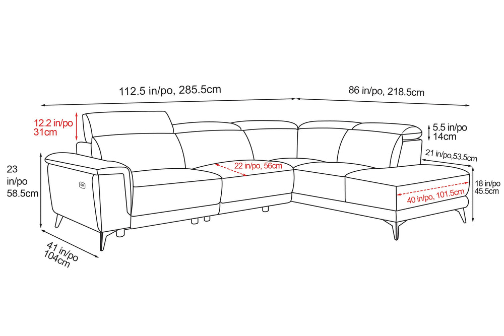 Valencia Pista Modern Top Grain Leather Reclining Sectional Sofa with Right-hand Facing Chaise, Grey