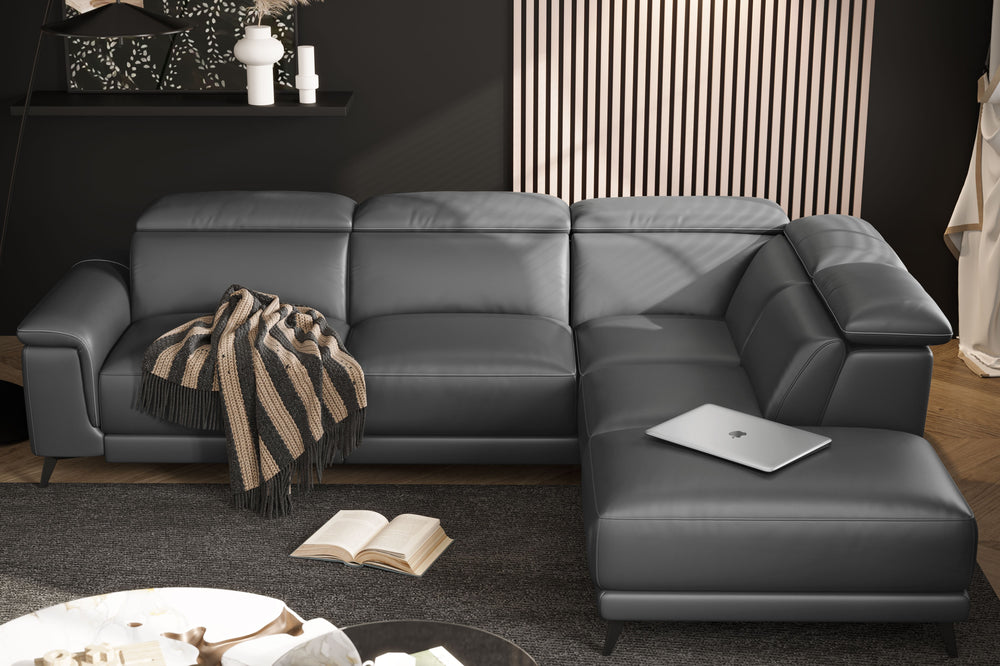 Valencia Pista Modern Top Grain Leather Reclining Sectional Sofa with Right-hand Facing Chaise, Grey