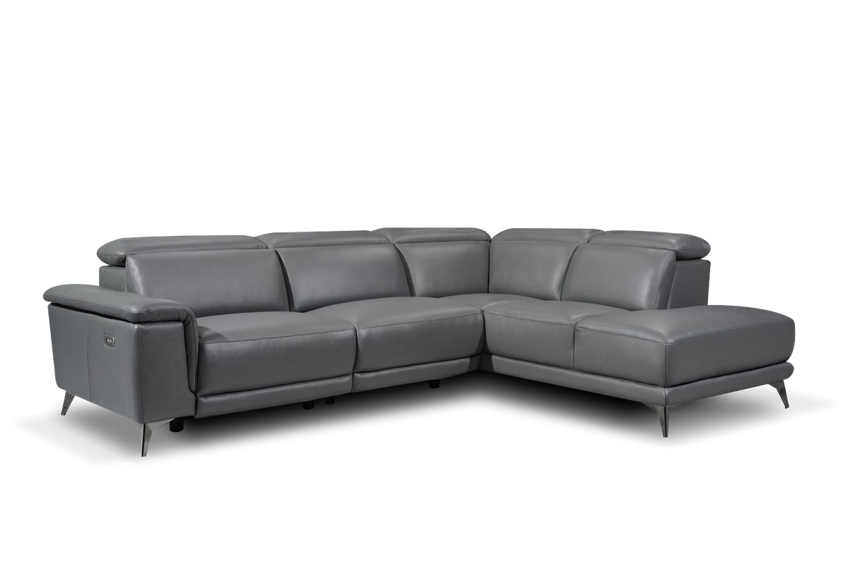 Valencia Pista Modern Top Grain Leather Reclining Sectional Sofa with Right-hand Facing Chaise, Grey Front View