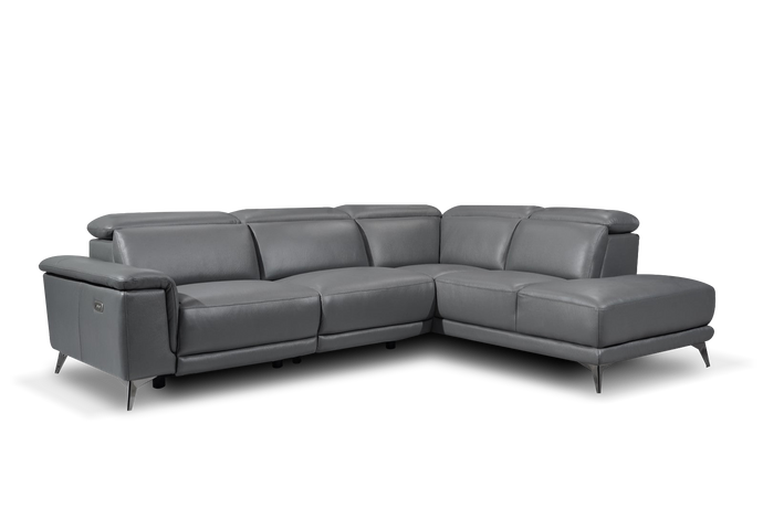 Valencia Pista Modern Top Grain Leather Reclining Sectional Sofa with Right-hand Facing Chaise, Grey Front View