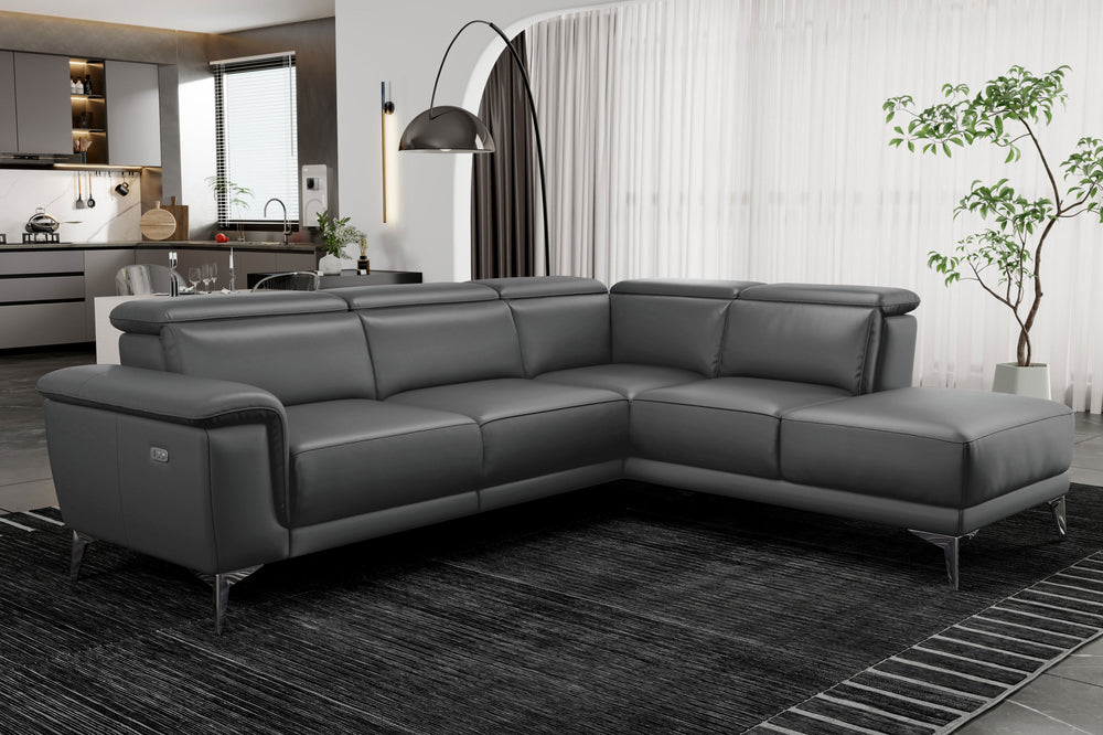 Valencia Pista Modern Top Grain Leather Reclining Sectional Sofa with Right-hand Facing Chaise, Grey