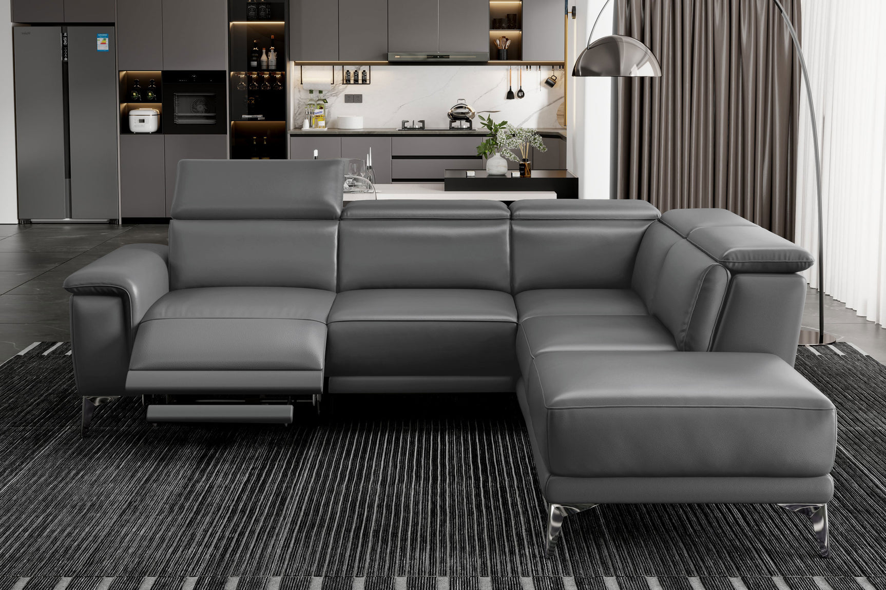 Valencia Pista Modern Top Grain Leather Reclining Sectional Sofa with Right-Hand Facing Chaise Scene diagram