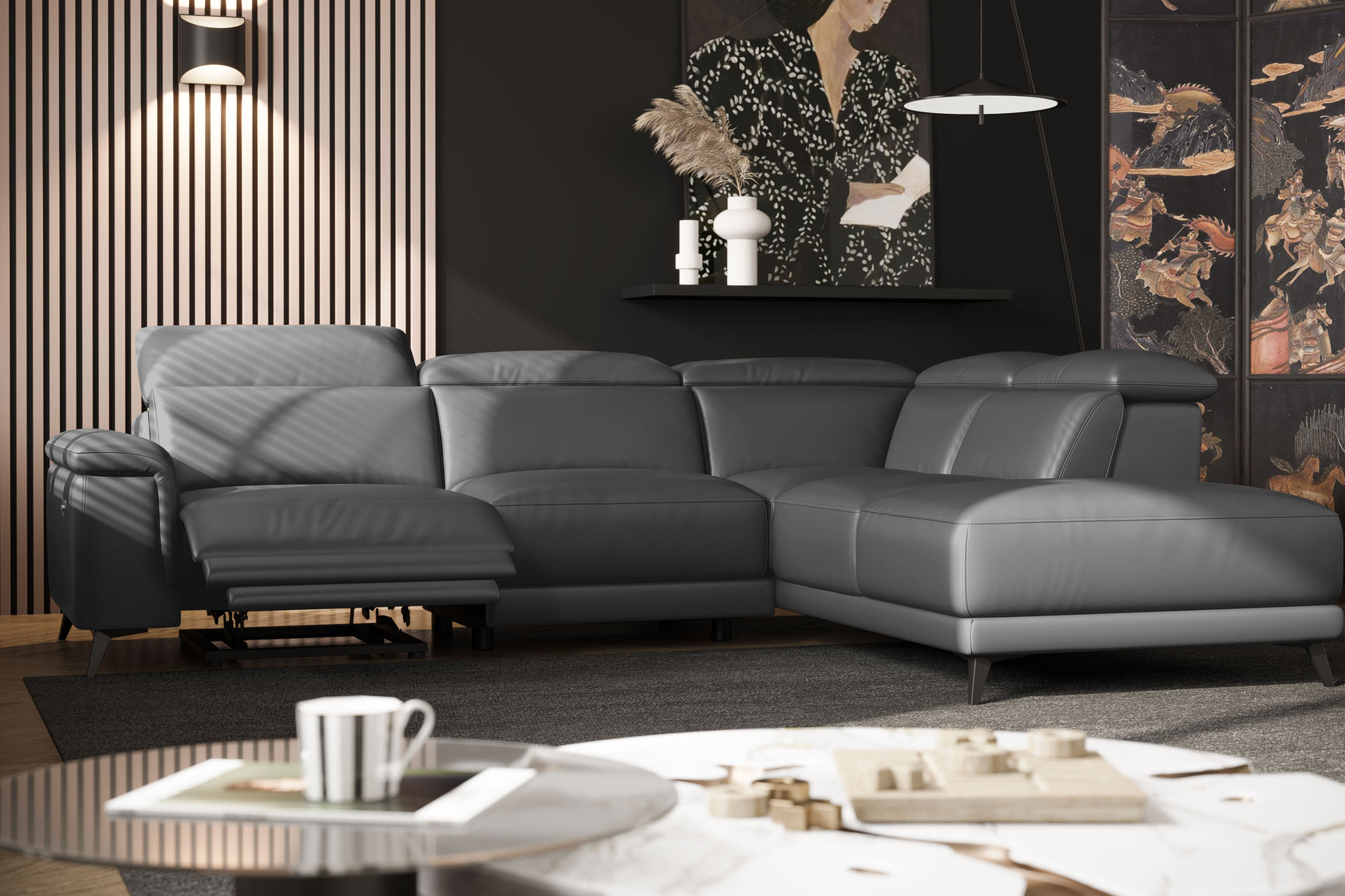 Valencia Pista Modern Top Grain Leather Reclining Sectional Sofa with Right-Hand Facing Chaise Scene diagram