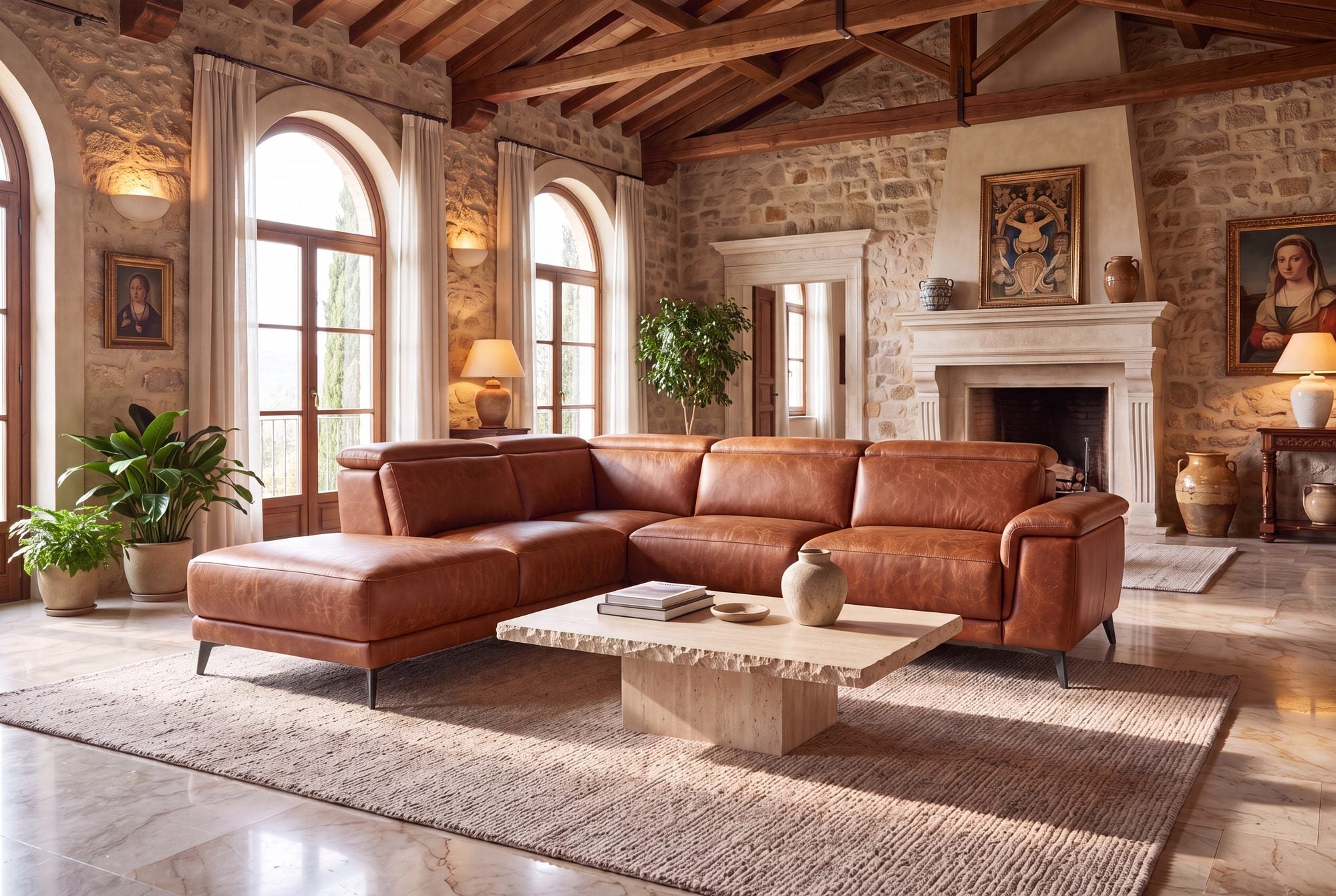 Valencia distressed leather sectional