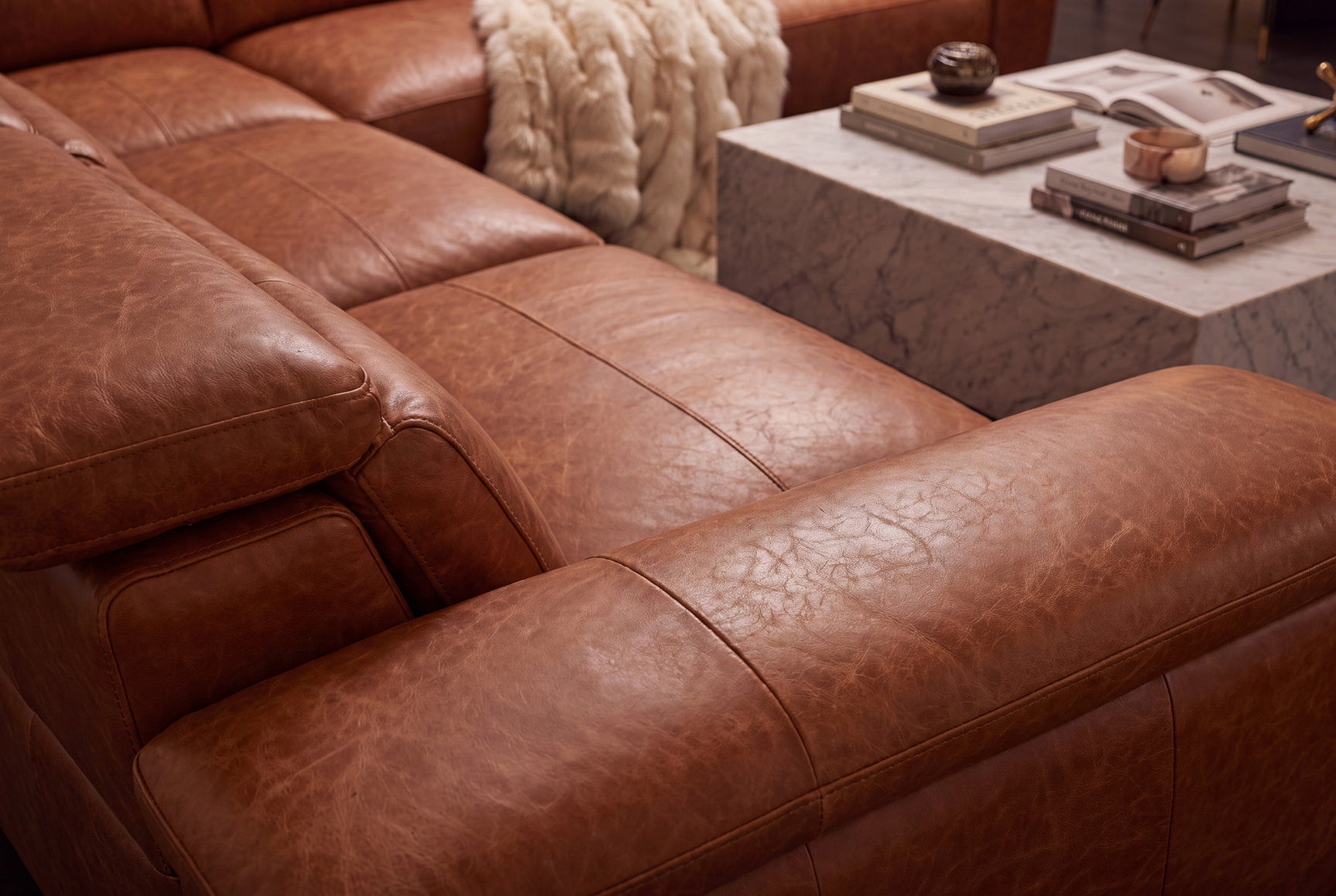 Valencia Pista Distressed Leather Reclining Chaise Sectional Sofa