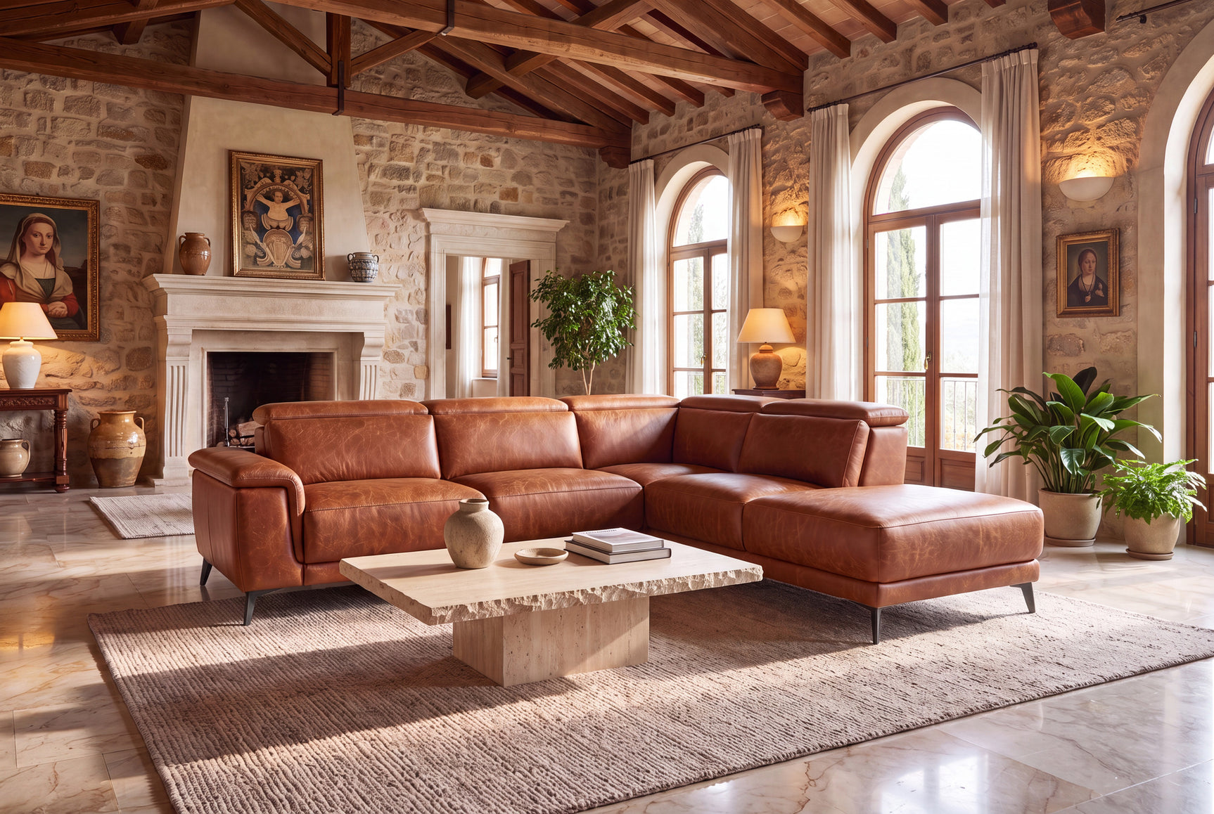 Valencia Pista Distressed Leather Reclining Chaise Sectional Sofa