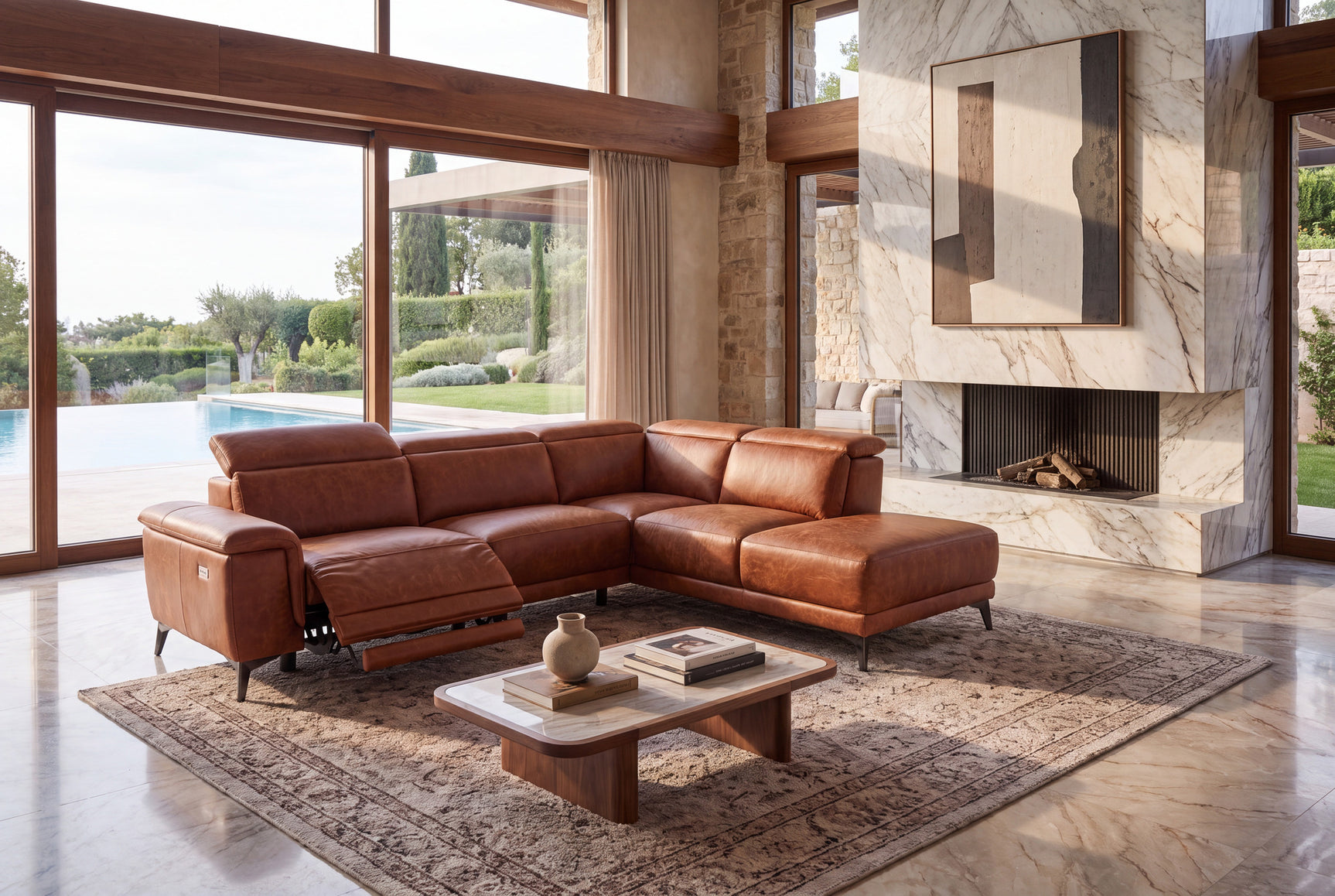 Valencia Pista Distressed Leather Reclining Chaise Sectional Sofa