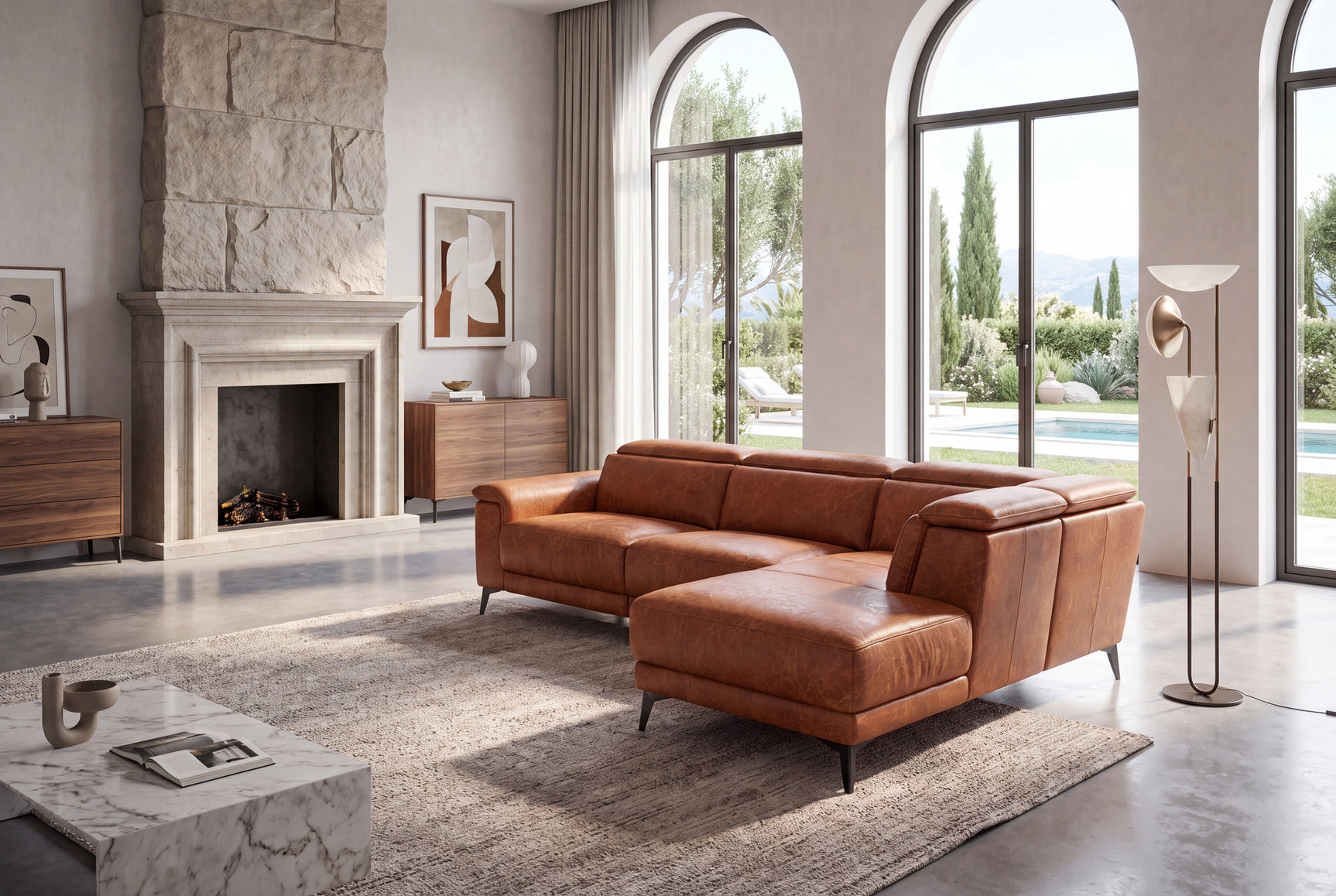 Valencia Pista Distressed Leather Reclining Chaise Sectional Sofa