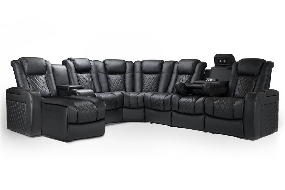 Valencia Tuscany Multimedia Sectional Leather Home Theater Seating Powered Chaise Left & Dropdown Center Right, Black