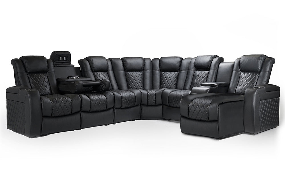 Valencia Tuscany Multimedia Sectional Leather Home Theater Seating Powered Chaise Right & Dropdown Center Left, Black