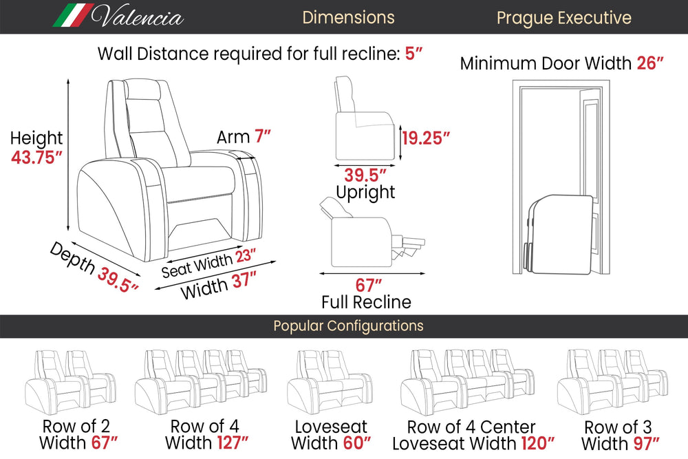 Valencia Prague Executive Leather Elite Home Theater Seating, Row of 5 Loveseat Right, Black