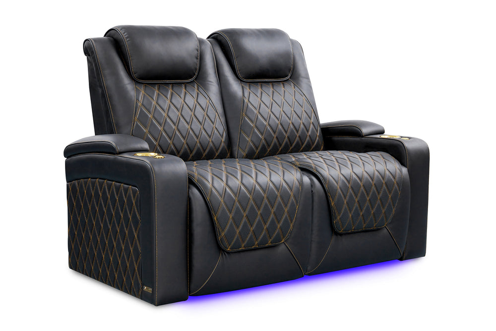 Valencia Oslo Ultimate Luxury Leather Home Theater Seating Row of 2 Loveseat, Onyx with Gold Stitching