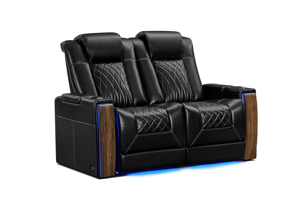 Valencia Tuscany Executive Heat & Massage Leather Home Theater Seating Row of 2 Loveseat, Midnight Black