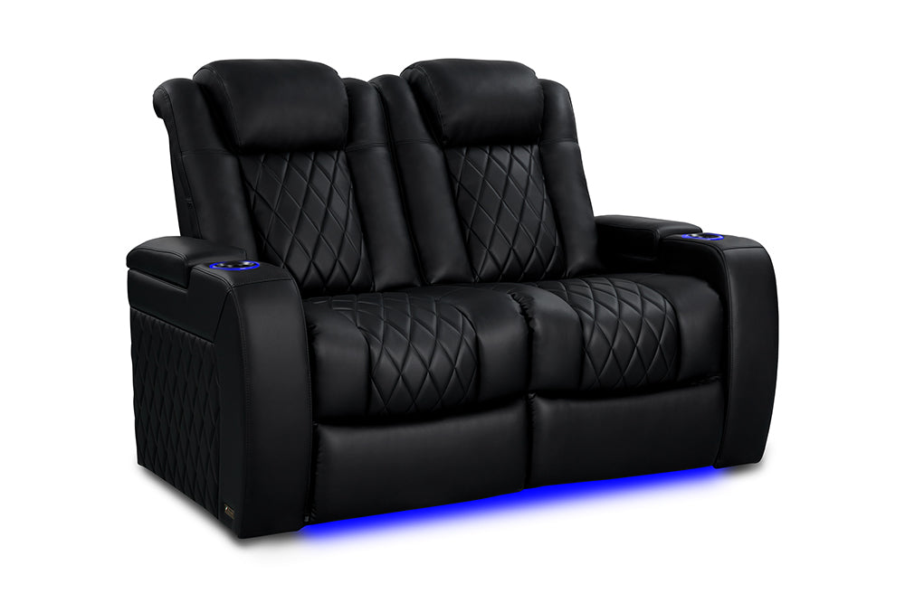 Valencia Tuscany Heat & Massage Leather Home Theater Seating Row of 2 Loveseat, Midnight Black