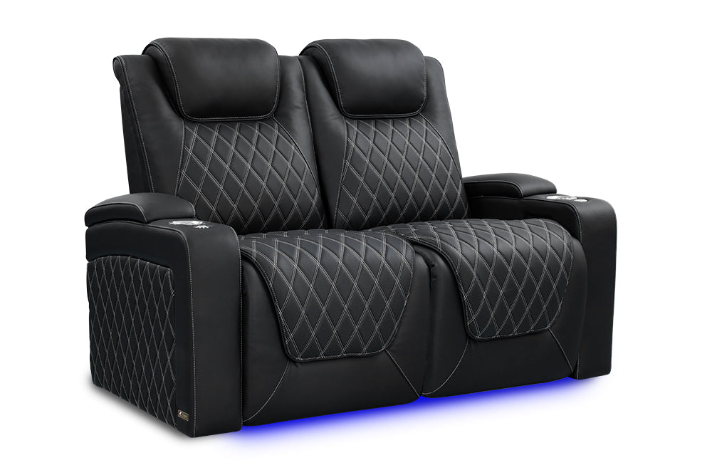Valencia 2025 New Oslo Ultimate Luxury Leather Home Theater Seating Row of 2 Loveseat, Onyx with Silver Stitching