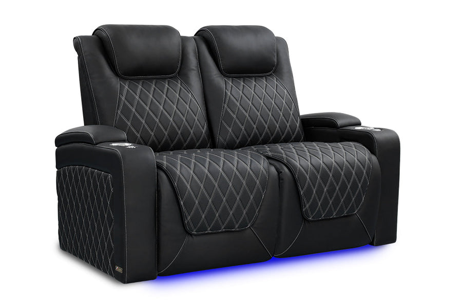 Valencia 2025 New Oslo Ultimate Luxury Leather Home Theater Seating Row of 2 Loveseat, Onyx with Silver Stitching