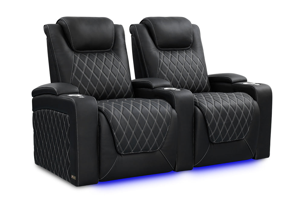 Valencia 2025 New Oslo Ultimate Luxury Leather Home Theater Seating Row of 2, Onyx with Silver Stitching