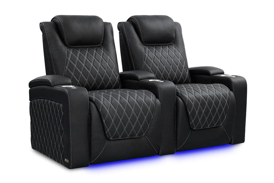 Valencia 2025 New Oslo Ultimate Luxury Leather Home Theater Seating Row of 2, Onyx with Silver Stitching