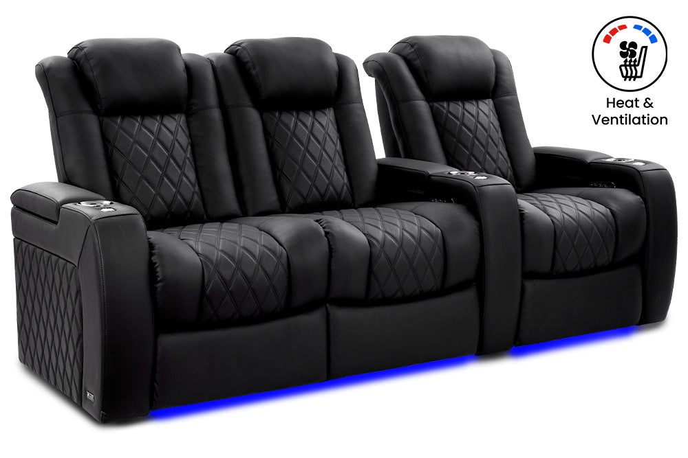 Valencia Tuscany Ultimate Luxury Heat & Ventilation Leather Home Theater Seating Row of 3 Loveseat Left, Onyx