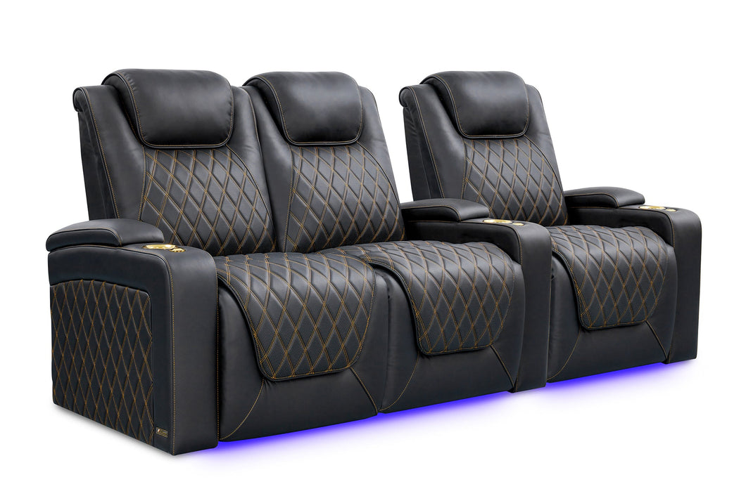 Valencia 2025 New Oslo Ultimate Luxury Leather Home Theater Seating Row of 3 Loveseat Left, Onyx with Gold Stitching