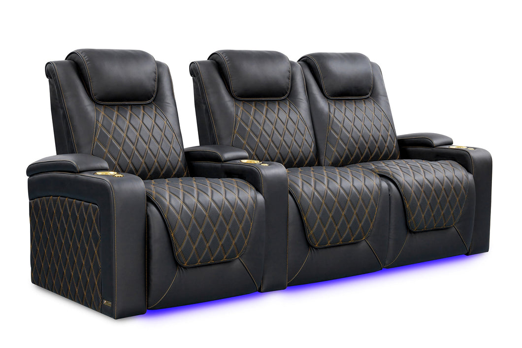 Valencia 2025 New Oslo Ultimate Luxury Leather Home Theater Seating Row of 3 Loveseat Right, Onyx with Gold Stitching