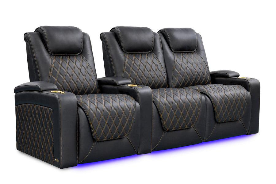 Valencia 2025 New Oslo Ultimate Luxury Leather Home Theater Seating Row of 3 Loveseat Right, Onyx with Gold Stitching