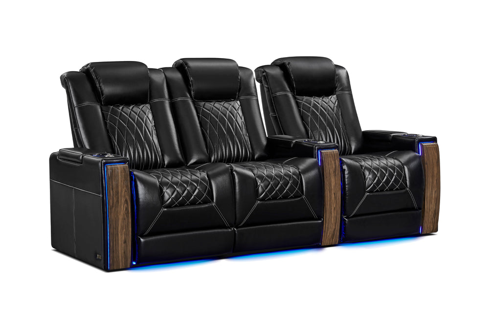 Valencia Tuscany Executive Heat & Massage Leather Home Theater Seating Row of 3 Loveseat Left, Midnight Black