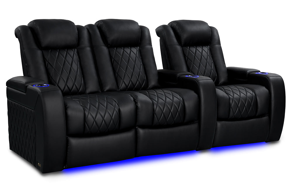 Valencia Tuscany Heat & Massage Leather Home Theater Seating Row of 3 Loveseat Left, Midnight Black