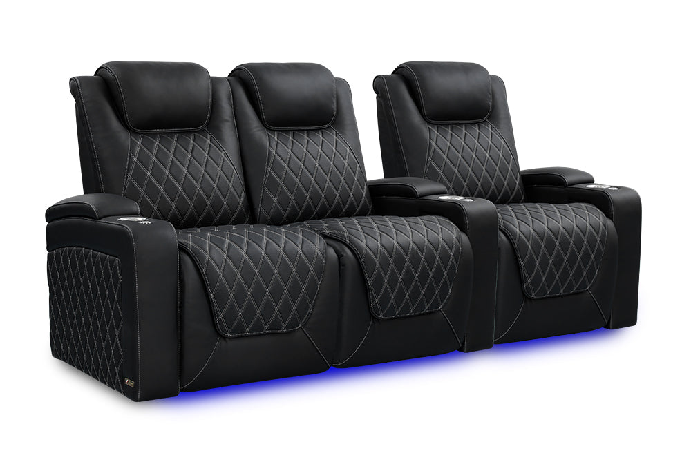 Valencia 2025 New Oslo Ultimate Luxury Leather Home Theater Seating Row of 3 Loveseat Left, Onyx with Silver Stitching