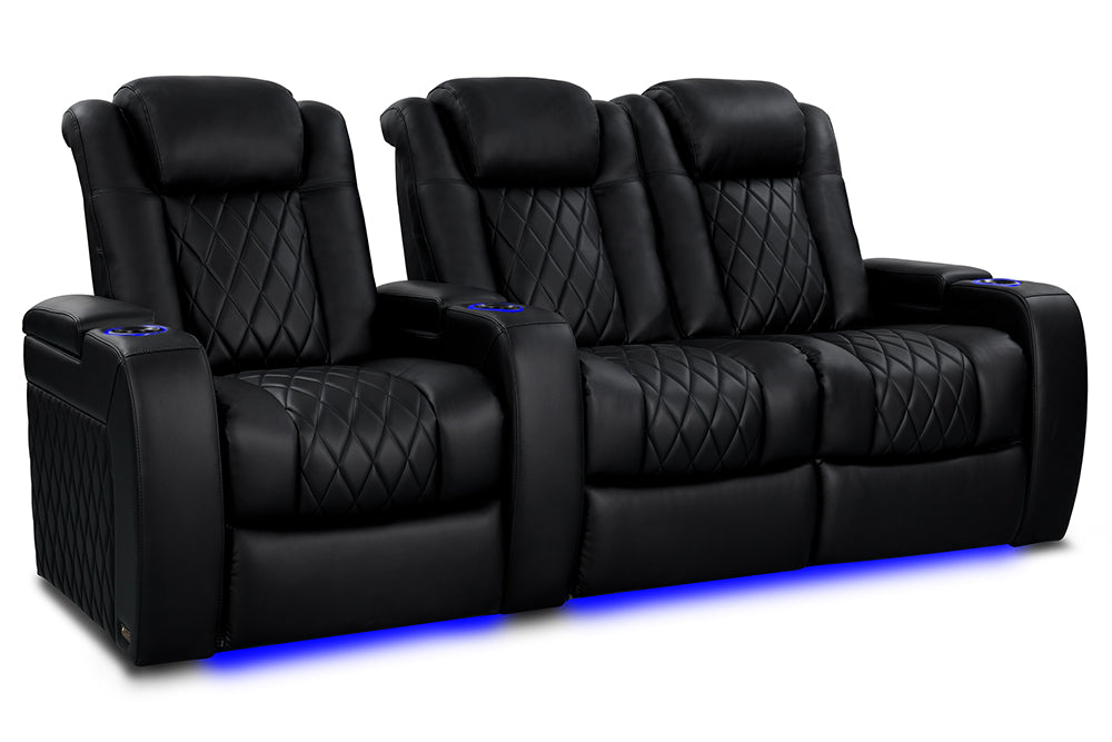 Valencia Tuscany Heat & Massage Leather Home Theater Seating Row of 3 Loveseat Right, Midnight Black