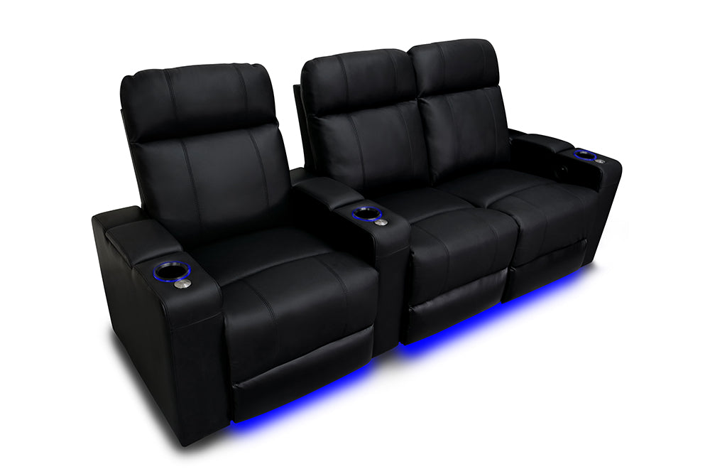 Valencia Piacenza Leather Home Theater Seating Power Headrest Row of 3 Loveseat Right, Black