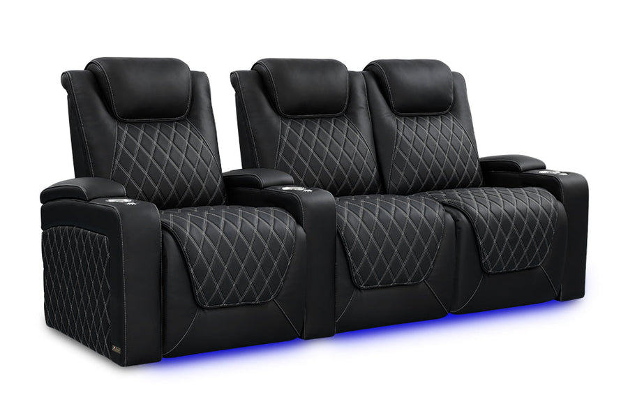 Valencia 2025 New Oslo Ultimate Luxury Leather Home Theater Seating Row of 3 Loveseat Right, Onyx with Silver Stitching