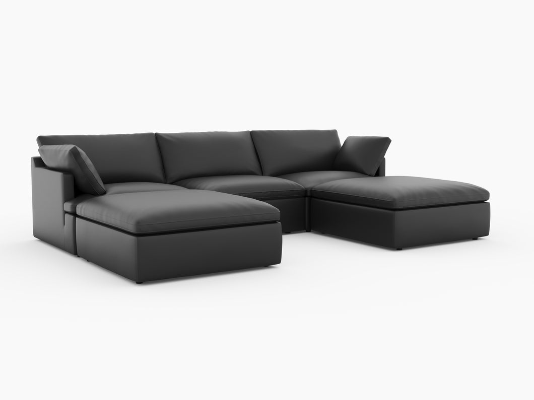 Valencia Isola Cloud Top Grain Leather Theater Lounge Modular Sofa Three Seats and 2 Ottomans, Black Color