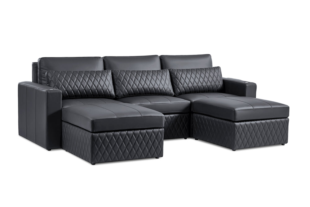 Valencia Pisa Ultimate Nappa 20000 Leather Lounge Sectional Sofa, Three Seats with 2 Ottomans, Black