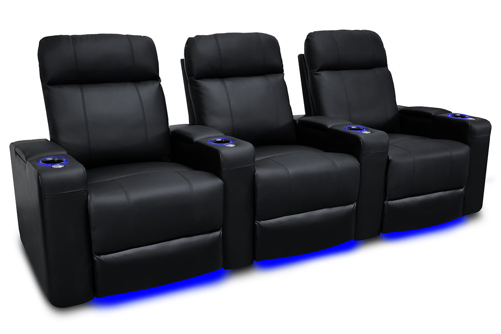 Valencia Piacenza Leather Home Theater Seating Power Headrest Row of 3, Black