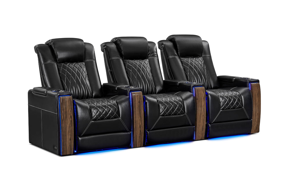 Valencia Tuscany Executive Heat & Massage Leather Home Theater Seating Row of 3, Midnight Black