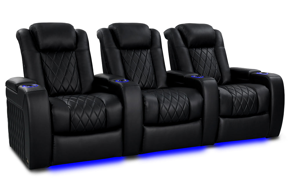 Valencia Tuscany Heat & Massage Leather Home Theater Seating Row of 3, Midnight Black