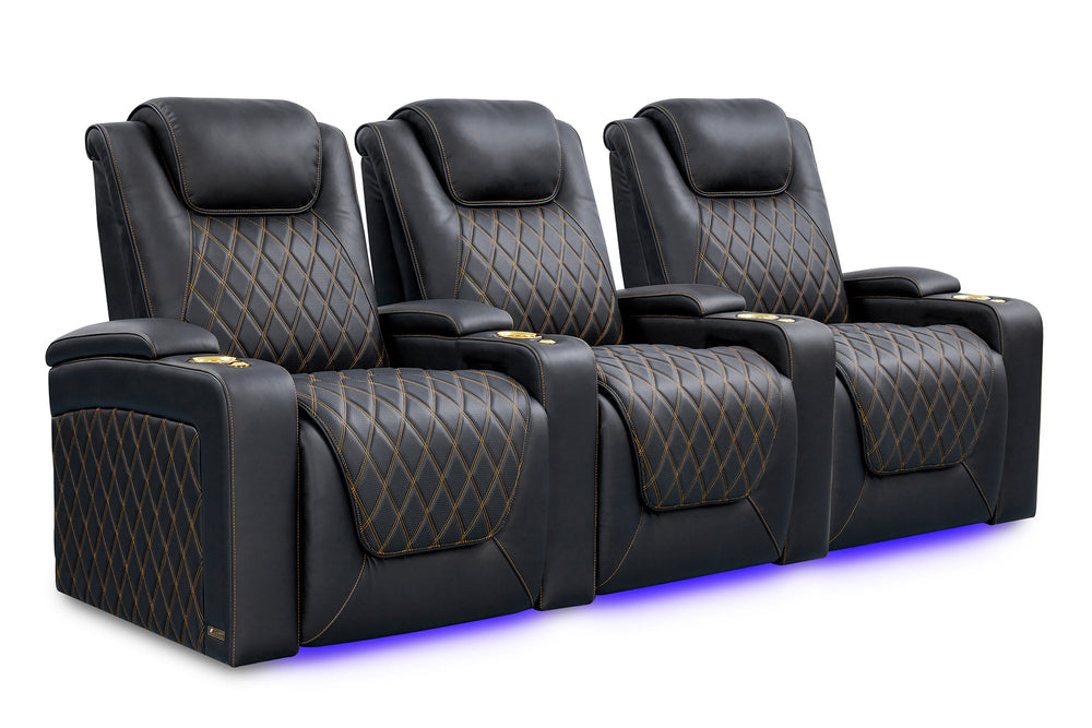 Valencia Oslo Ultimate Luxury Leather Home Theater Seating Row of 3, Onyx with Gold Stitching