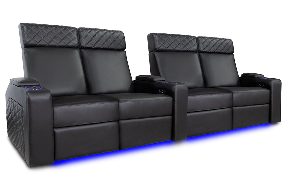 Valencia Zurich Leather Home Theater Seating Row of 4 Double Loveseat, Black