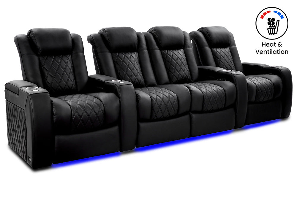 Valencia 2025 New Tuscany Ultimate Luxury Heat & Ventilation Leather Home Theater Seating Row of 4 Loveseat Center, Onyx