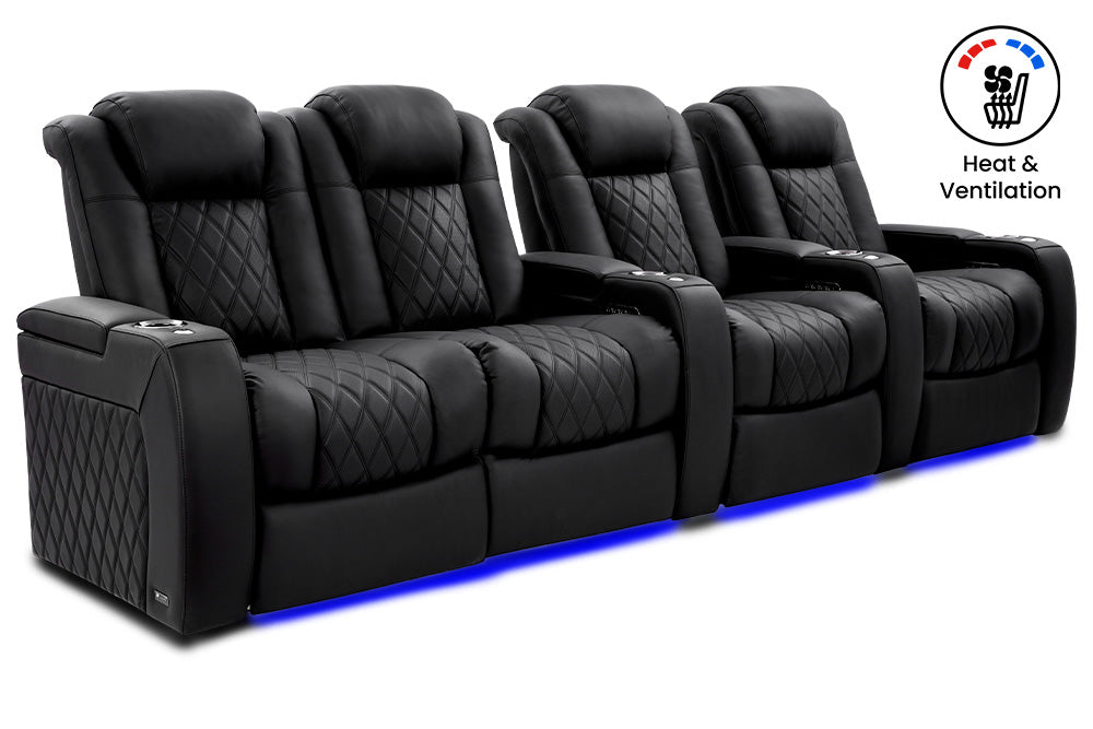 Valencia 2025 New Tuscany Ultimate Luxury Heat & Ventilation Leather Home Theater Seating Row of 4 Loveseat Left, Onyx
