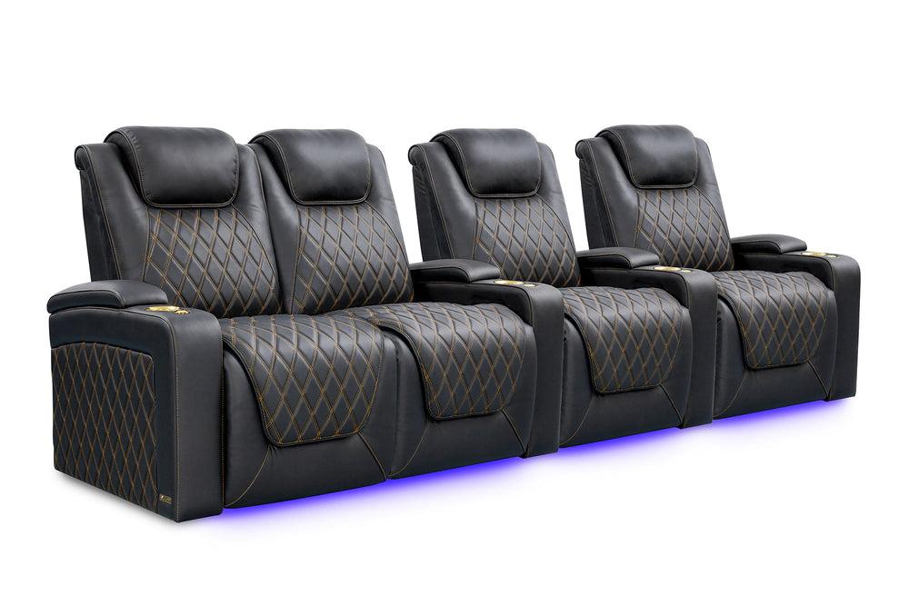 Valencia Oslo Ultimate Luxury Leather Home Theater Seating Row of 4 Loveseat Left, Onyx with Gold Stitching